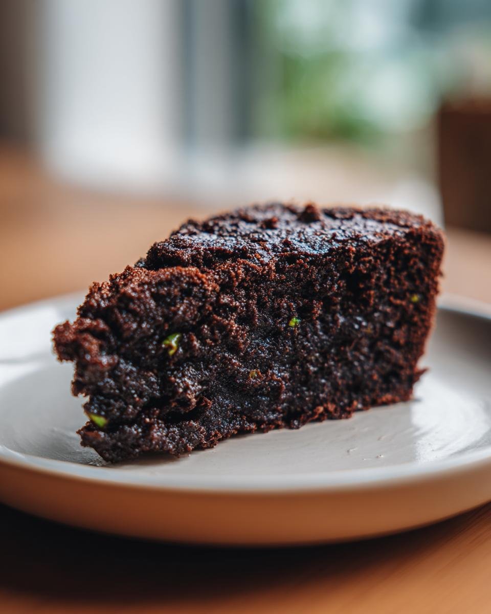 Close-up of a rich, dark slice of Irresistible Moist Chocolate Zucchini Cake showing its dense texture and flecks of green zucchini.