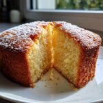 Close-up of a moist, golden slice of Irresistible Lemon Ricotta Cake Recipe dusted with powdered sugar.