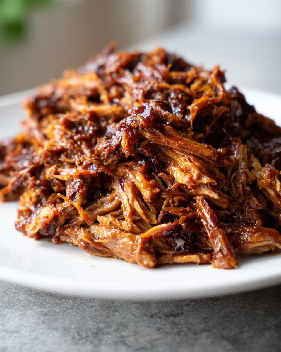 Close-up of a generous serving of Mouthwatering Pulled Pork Recipe piled high on a white plate.
