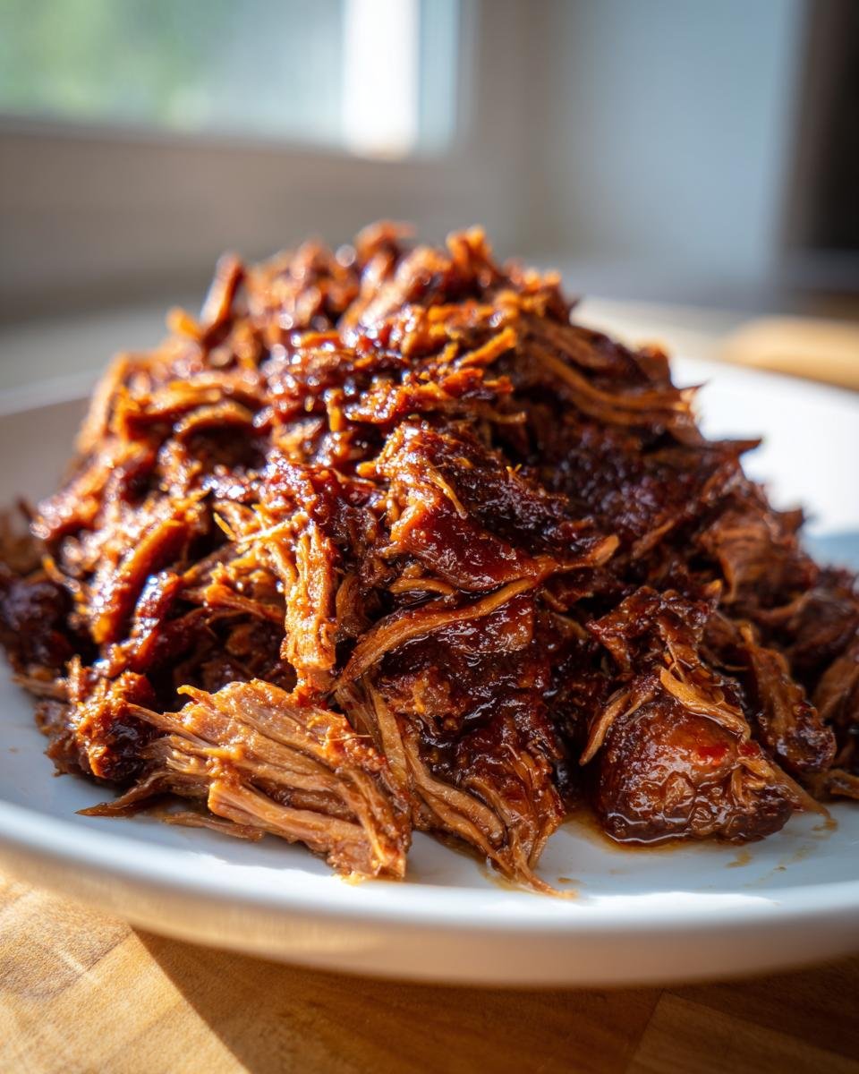 Close-up of a pile of saucy, shredded, Mouthwatering Pulled Pork Recipe served on a white plate.