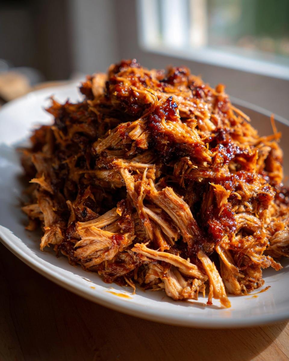 A close-up of a generous mound of Mouthwatering Pulled Pork Recipe, coated in rich barbecue sauce, served on a white platter.