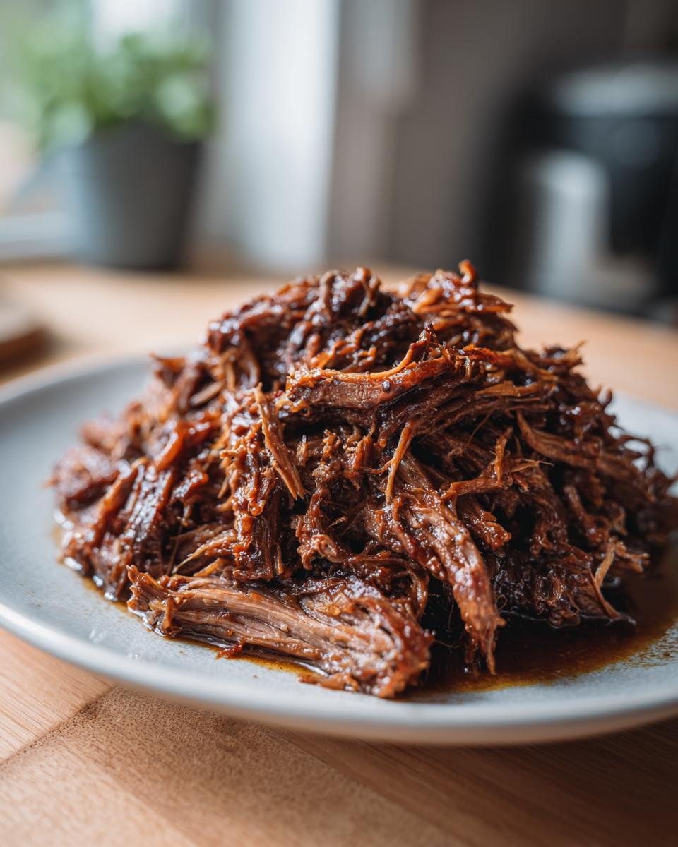 A close-up of a mound of Mouthwatering Pulled Pork Recipe, glistening with sauce, served on a light gray plate.