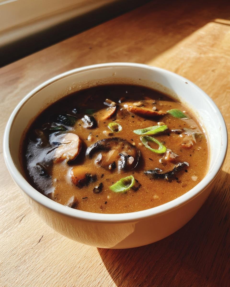 A close-up of a white bowl filled with Irresistible Mushroom Leek Gravy With Shallots, garnished with green onions.