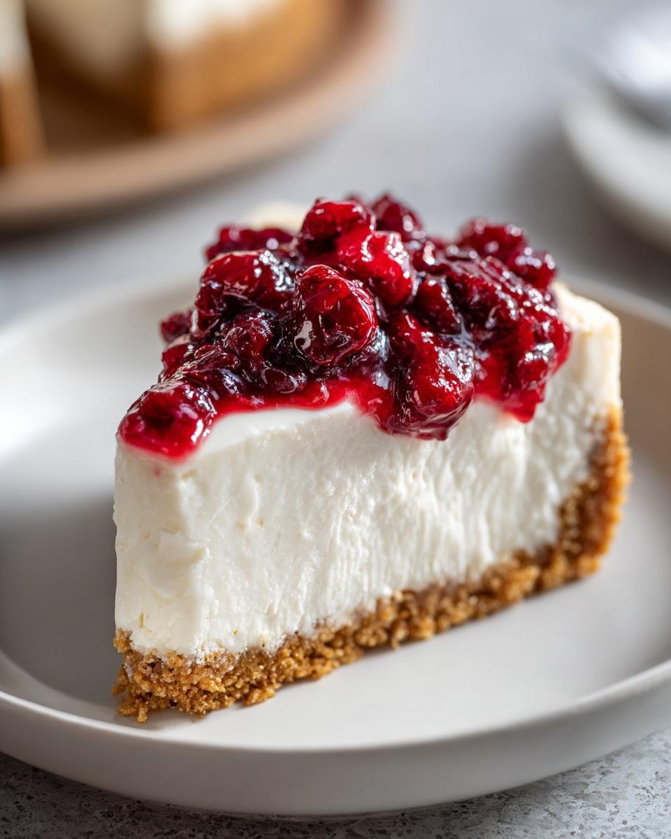 A perfect slice of Irresistible Almost No Bake Christmas Cheesecake topped with rich, glossy cranberry sauce.