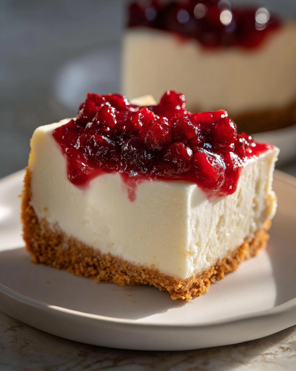 A perfect slice of Irresistible Almost No Bake Christmas Cheesecake topped with bright red cranberry sauce on a light plate.