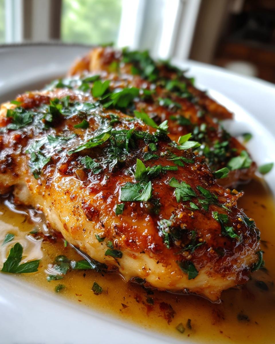Close-up of a glistening chicken breast coated in garlic butter sauce and fresh parsley, part of the Irresistible One Pan Garlic Butter Chicken recipe.