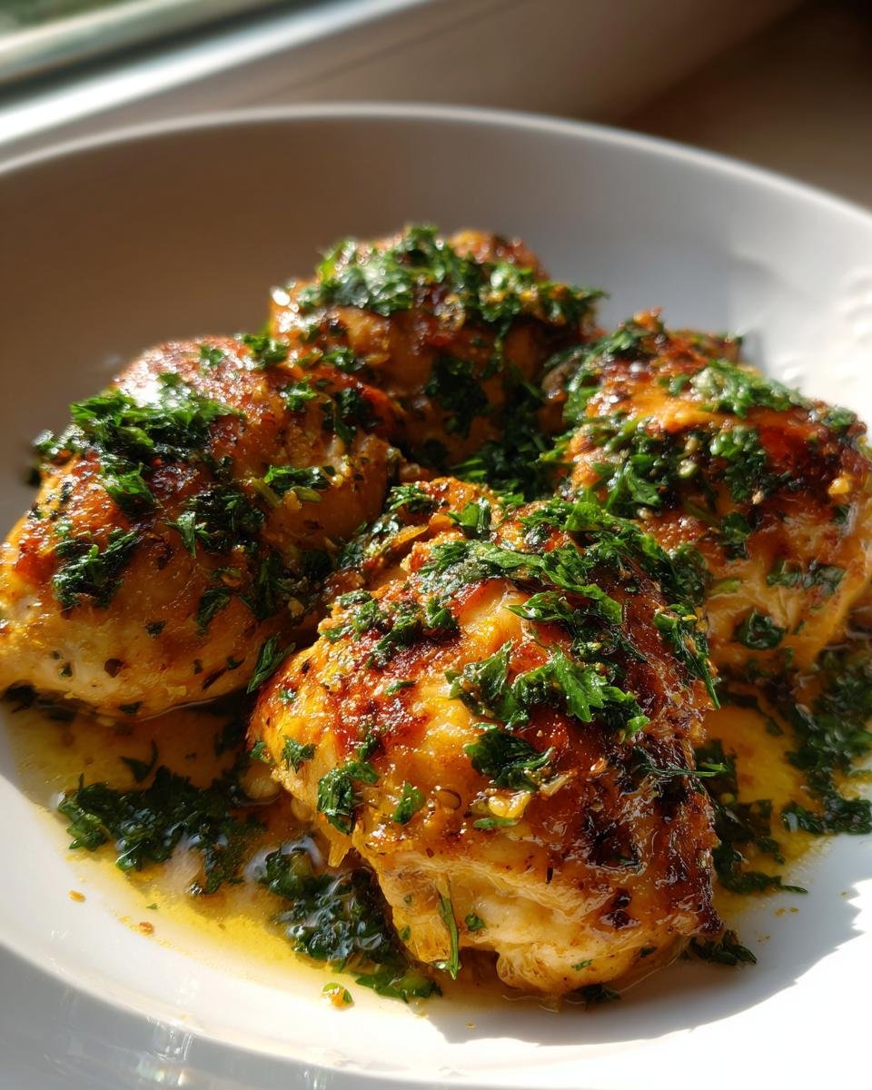 Four pieces of golden brown One Pan Garlic Butter Chicken generously topped with chopped fresh parsley and butter sauce.