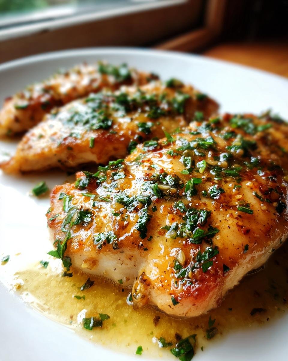 Three pieces of golden-brown chicken breast covered in glossy garlic butter sauce and fresh parsley, ready to eat for the Irresistible One Pan Garlic Butter Chicken Recipe.