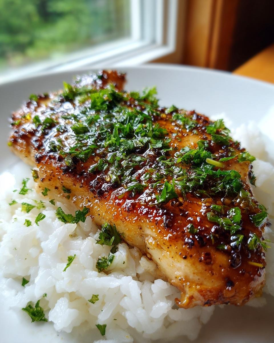 Close-up of Irresistible One Pan Garlic Butter Chicken glazed and topped with fresh parsley over white rice.