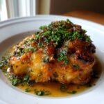Close-up of a perfectly cooked piece of Irresistible One Pan Garlic Butter Chicken, glistening with sauce and topped with fresh parsley.