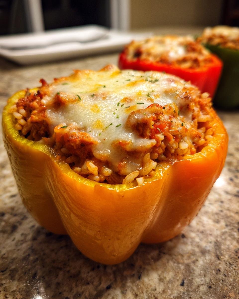 Close-up of an orange bell pepper half filled with a savory chicken and rice mixture, topped with melted cheese, part of the Irresistible Chicken Stuffed Peppers Recipe.