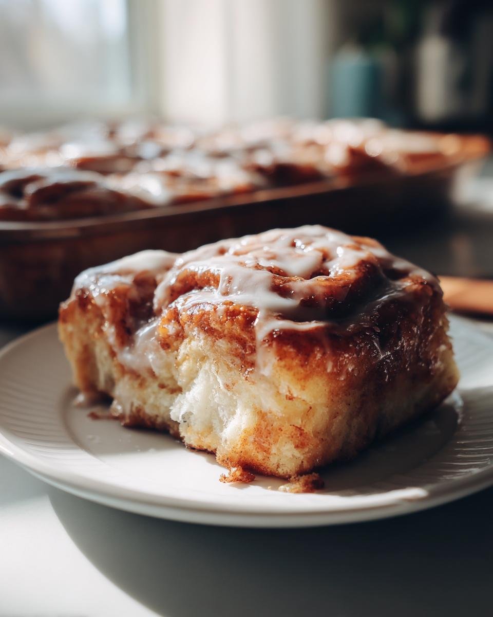 A single, soft Paleo Cinnamon Roll covered in white glaze sits on a white plate, with more rolls blurred in the background.