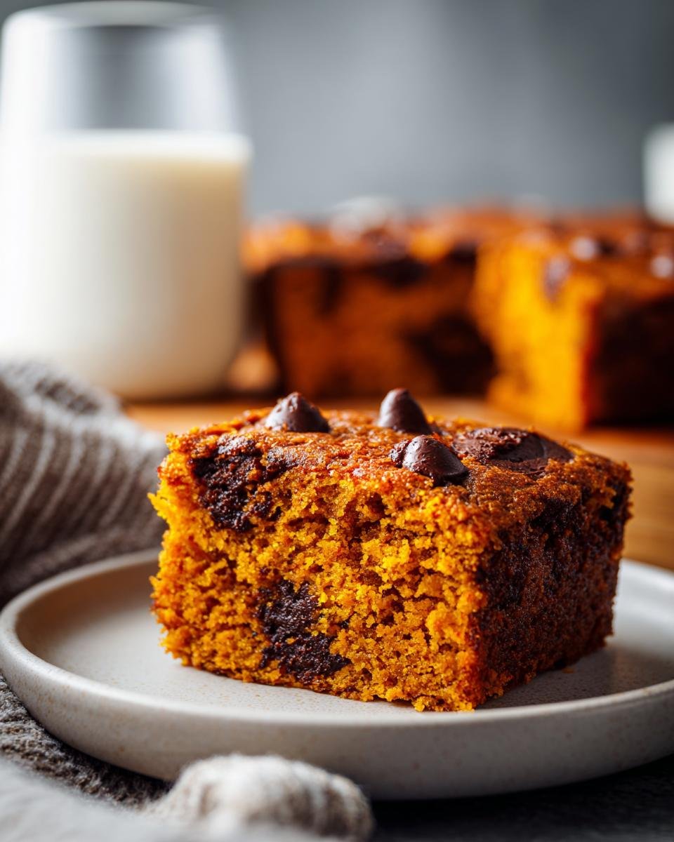 A single square of moist Paleo Pumpkin Blondies, studded with dark chocolate chips, served on a small plate.