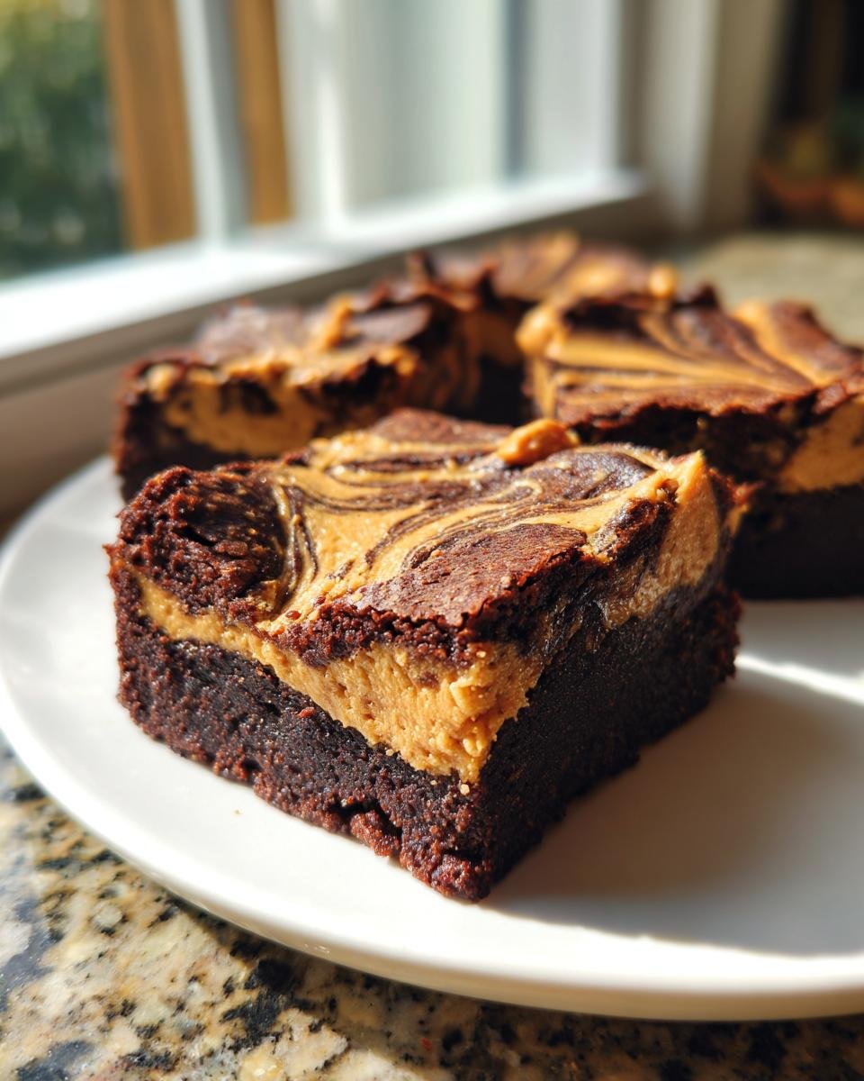 A square piece of rich chocolate brownie with a thick peanut butter swirl topping, served on a white plate.