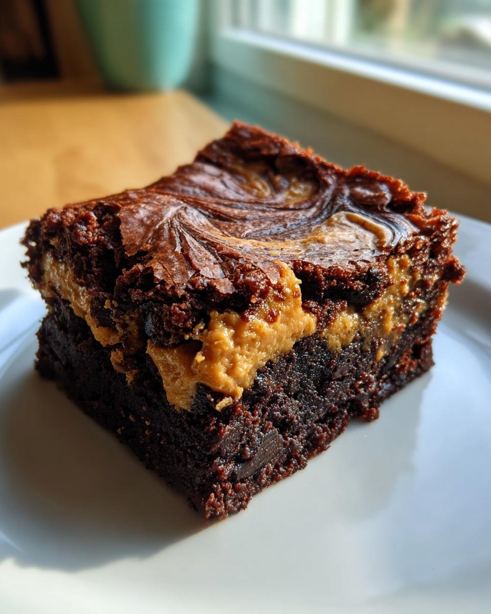A rich, fudgy square of Peanut Butter Swirl Brownies Easy Recipe on a white plate.