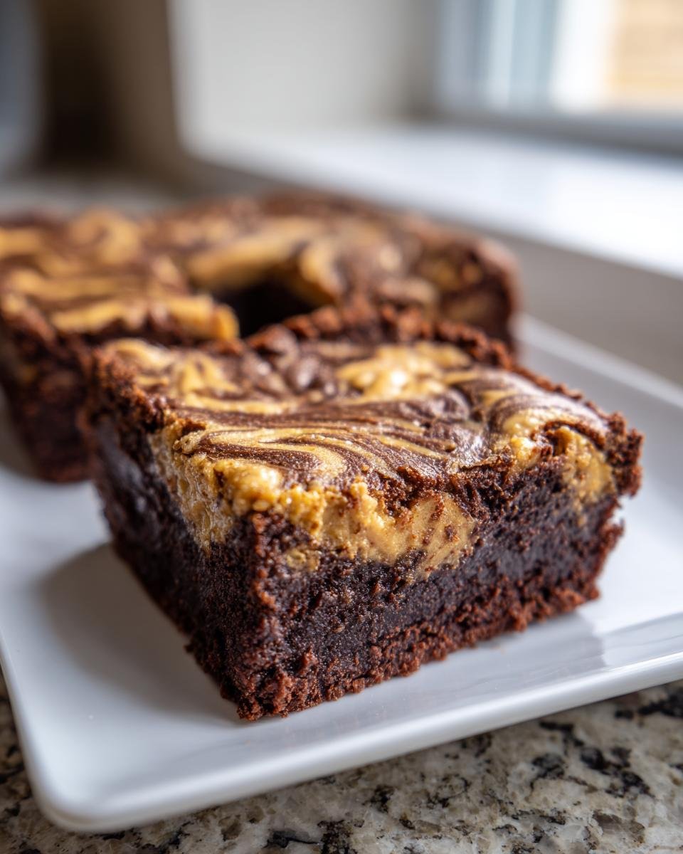 A fudgy square of Peanut Butter Swirl Brownies Easy Recipe with a distinct peanut butter swirl on top, served on a white plate.