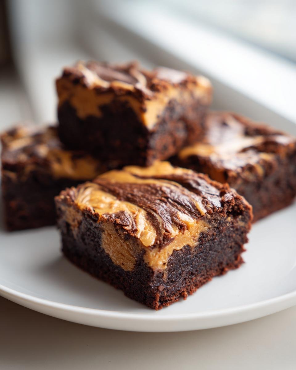 Close-up of fudgy Peanut Butter Swirl Brownies Easy Recipe squares stacked on a white plate.