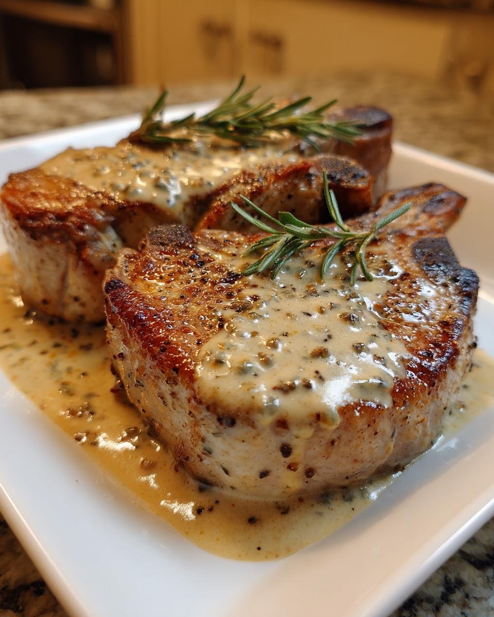 Two thick, seared pork chops covered in creamy peppercorn sauce and garnished with rosemary.