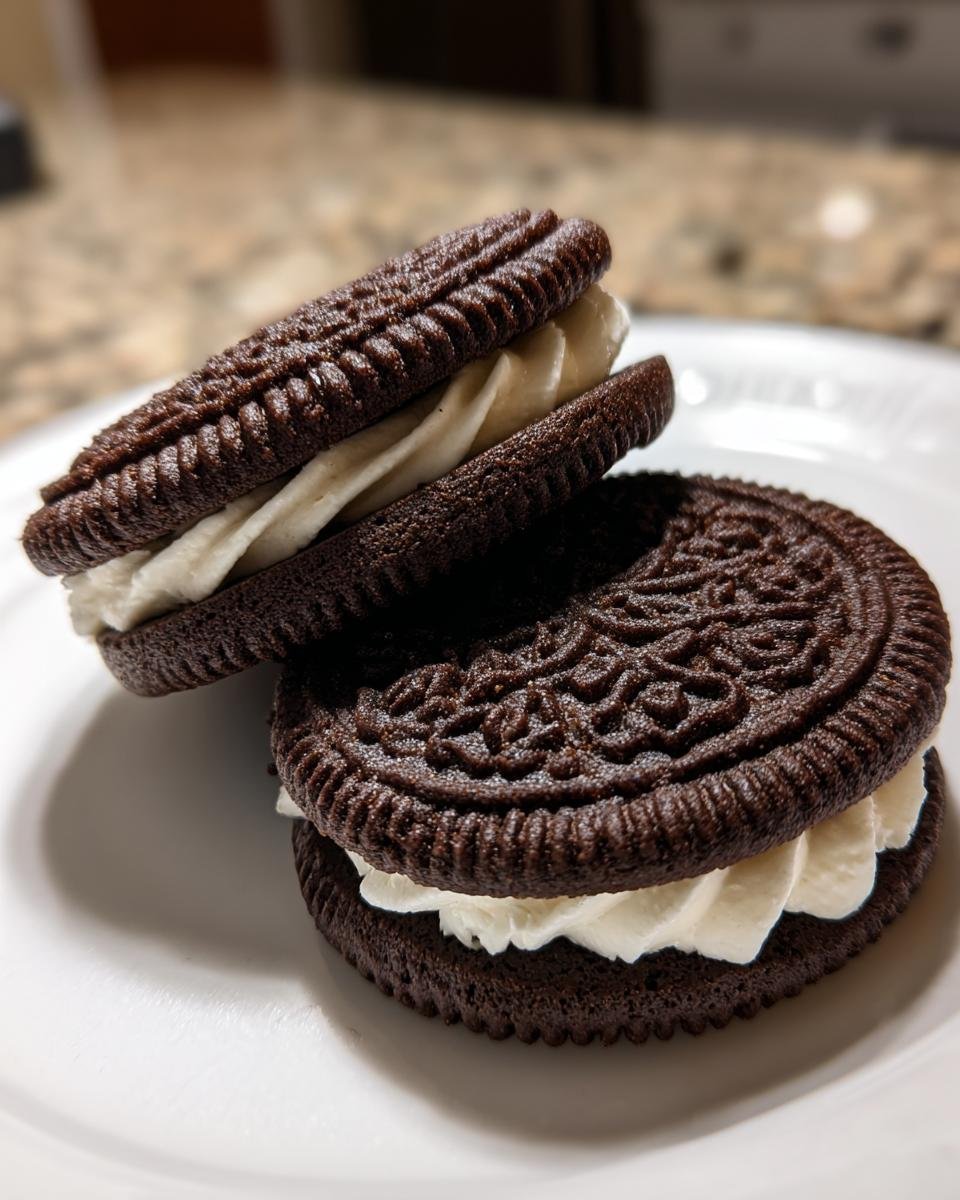 Two dark, richly spiced gingerbread sandwich cookies filled with white cream frosting.