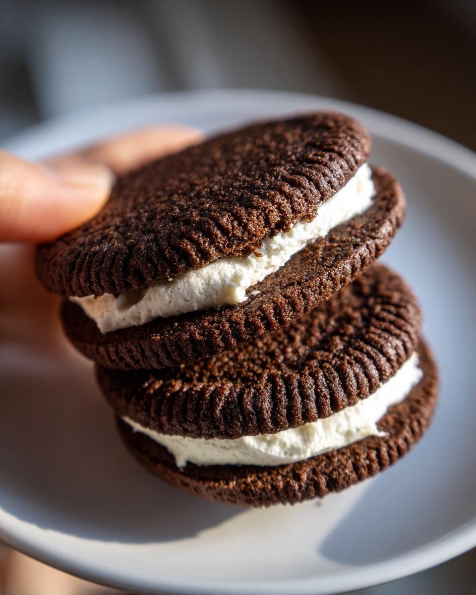 Close-up of two Perfectly Spiced Gingerbread Sandwich Cookies stacked with creamy white filling.