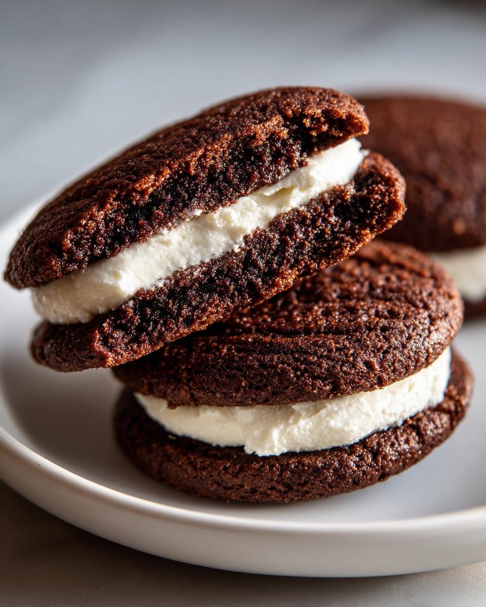 Close-up of two Perfectly Spiced Gingerbread Sandwich Cookies stacked, showing dark brown spiced cookies and thick white cream filling.