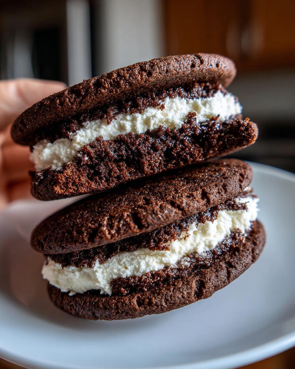Two rich, dark Perfectly Spiced Gingerbread Sandwich Cookies filled with thick white cream frosting stacked on a white plate.