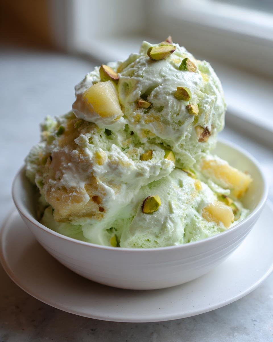 A white bowl filled with scoops of light green Irresistible Pistachio Pineapple Fluff, topped with chopped pistachios and pineapple chunks.