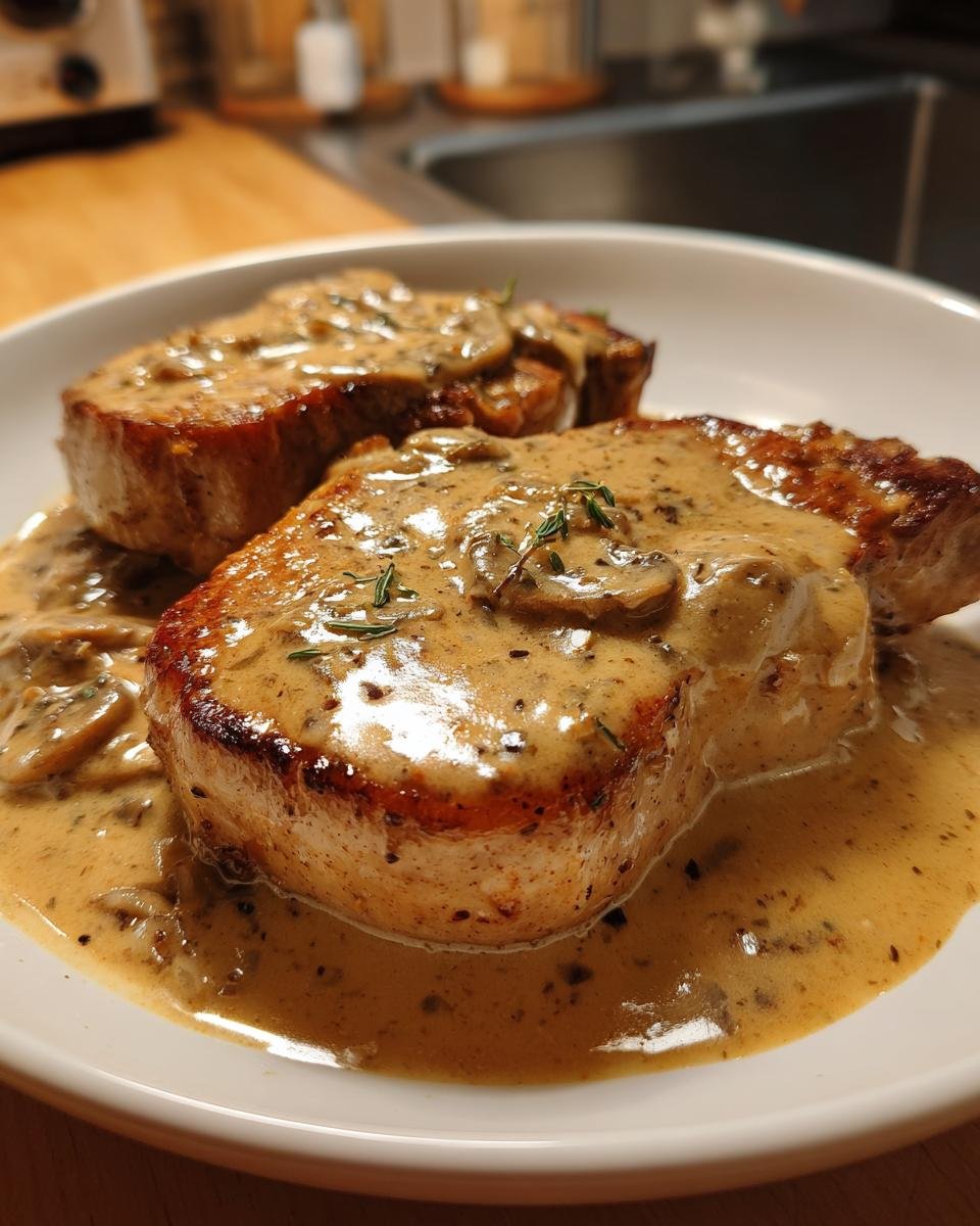 Two thick, seared pork chops smothered in a creamy, mushroom-filled Irresistible Peppercorn Sauce Recipe Delight.