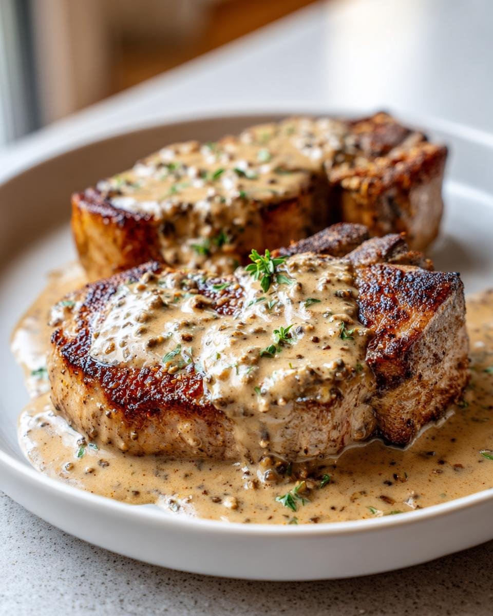 Two thick, seared pork chops smothered in creamy, speckled peppercorn sauce, garnished with thyme.
