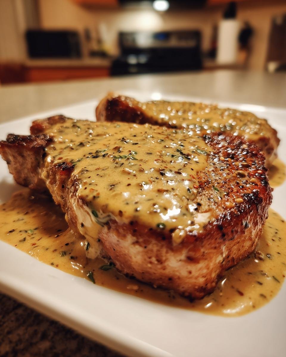 Two thick, seared pork chops smothered in a creamy, speckled Irresistible Peppercorn Sauce on a white plate.