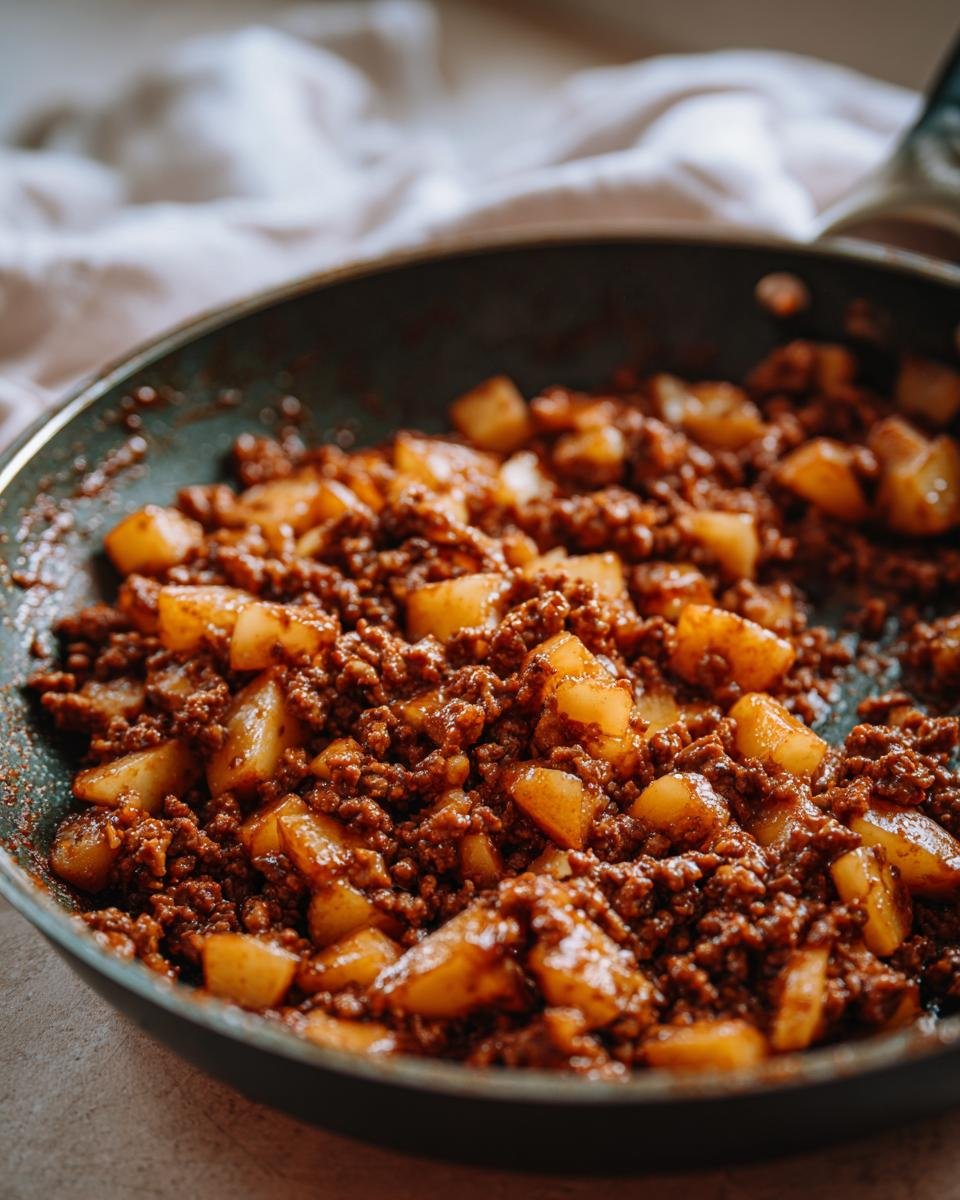 Close-up of ground beef potatoes mixture simmering in a skillet, part of the Quick Ground Beef Potatoes Easy Comfort Dinner Recipe.