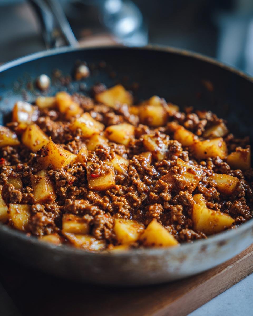 Close-up of ground beef and cubed potatoes cooking together in a skillet for a Quick Ground Beef Potatoes Easy Comfort Dinner Recipe.
