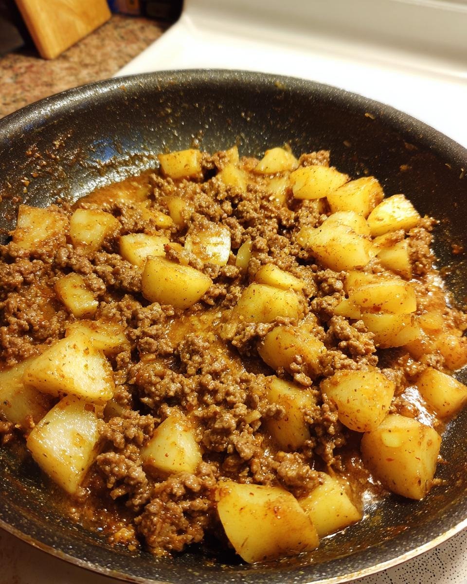 Close-up of ground beef potatoes mixture cooking in a dark skillet, seasoned and saucy.
