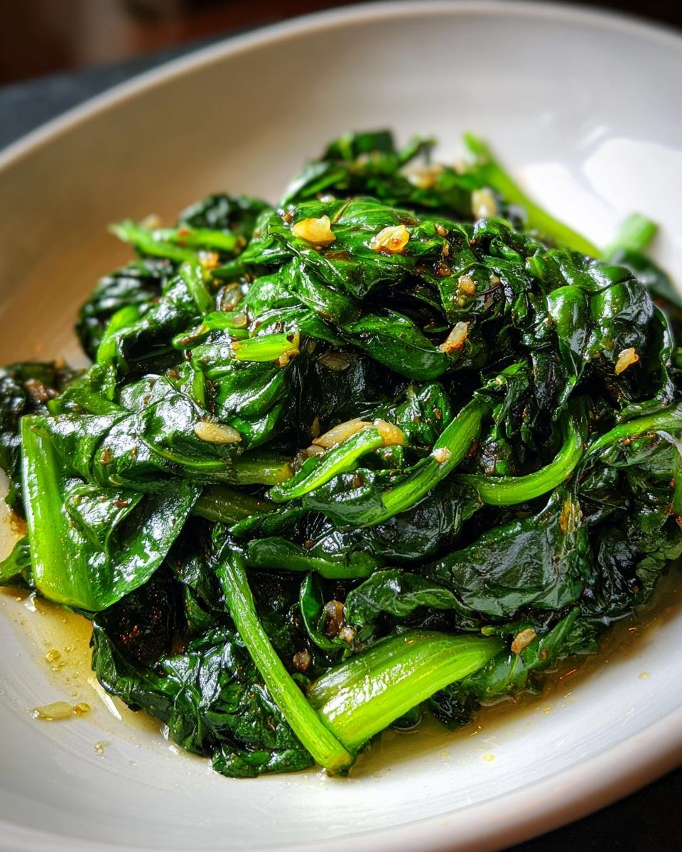 Close-up of Quick Swiss Chard Easy Delicious Sauteed Greens glistening in oil with garlic pieces.