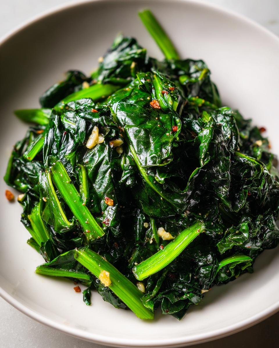 Close-up of vibrant green, sauteed Swiss chard with visible garlic pieces and chili flakes.