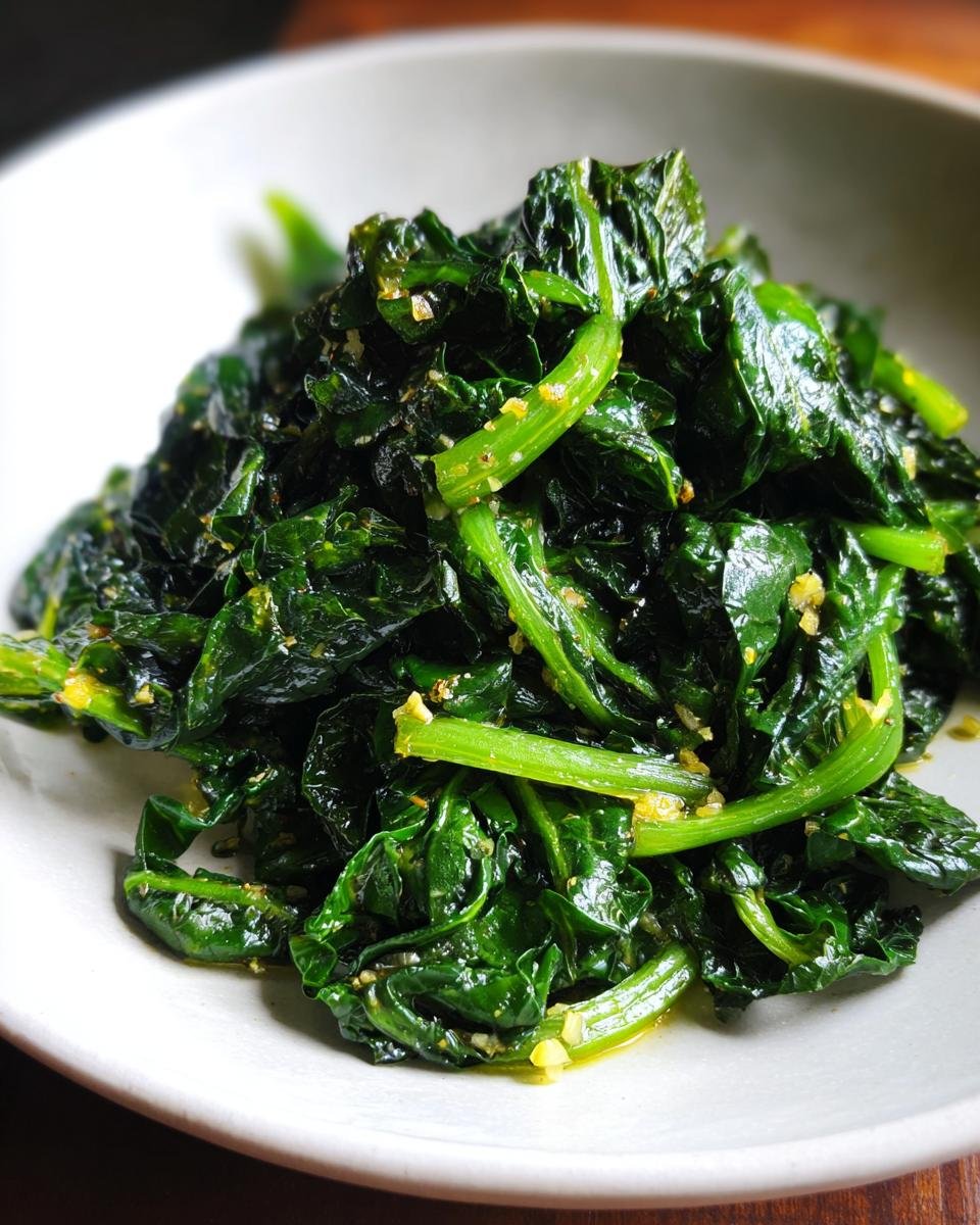 Close-up of glistening, vibrant green Quick Swiss Chard Easy Delicious Sauteed Greens with minced garlic.