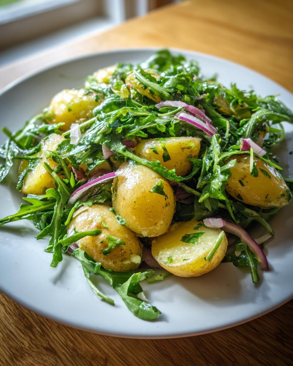 Close-up of Refreshing Arugula Potato Salad featuring boiled new potatoes, arugula, and red onion slices.