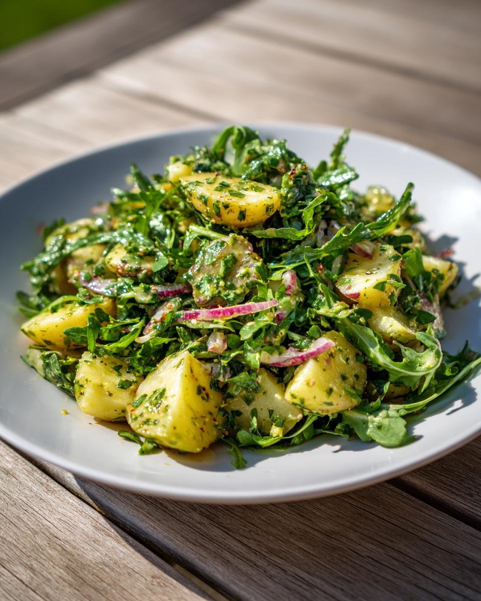 Close-up of a Refreshing Arugula Potato Salad with chunks of yellow potato, red onion, and green herbs served on a white plate outdoors.