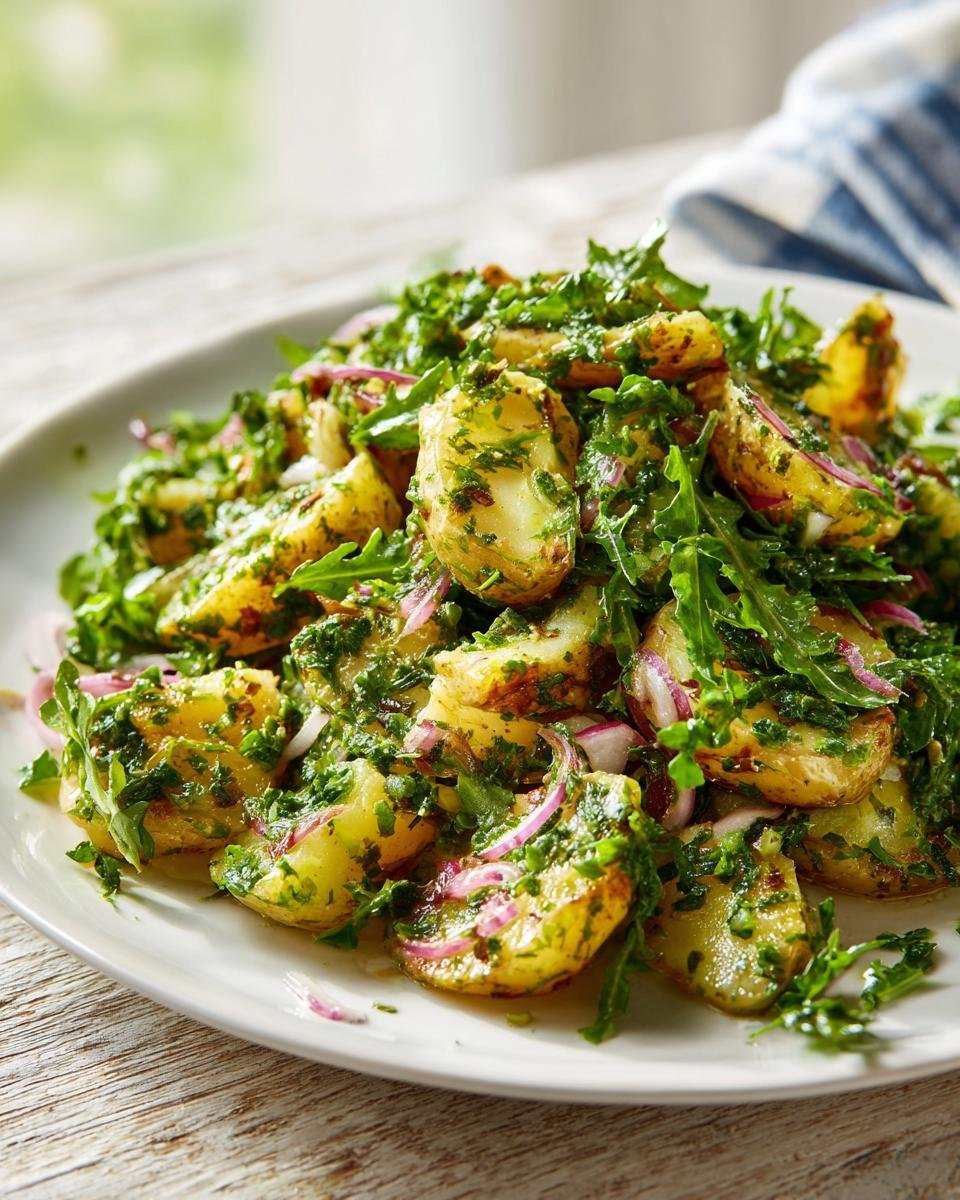 Close-up of Refreshing Arugula Potato Salad tossed with a vibrant green dressing and sliced red onions on a white plate.