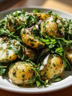 Close-up of a plate featuring Refreshing Arugula Potato Salad with seasoned new potatoes and greens.