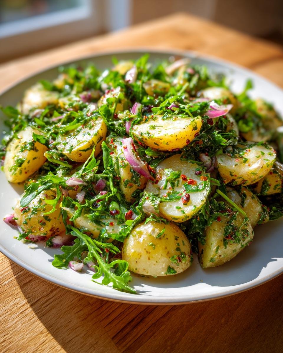 Close-up of a vibrant Refreshing Arugula Potato Salad featuring halved yellow potatoes, arugula, and red onion.