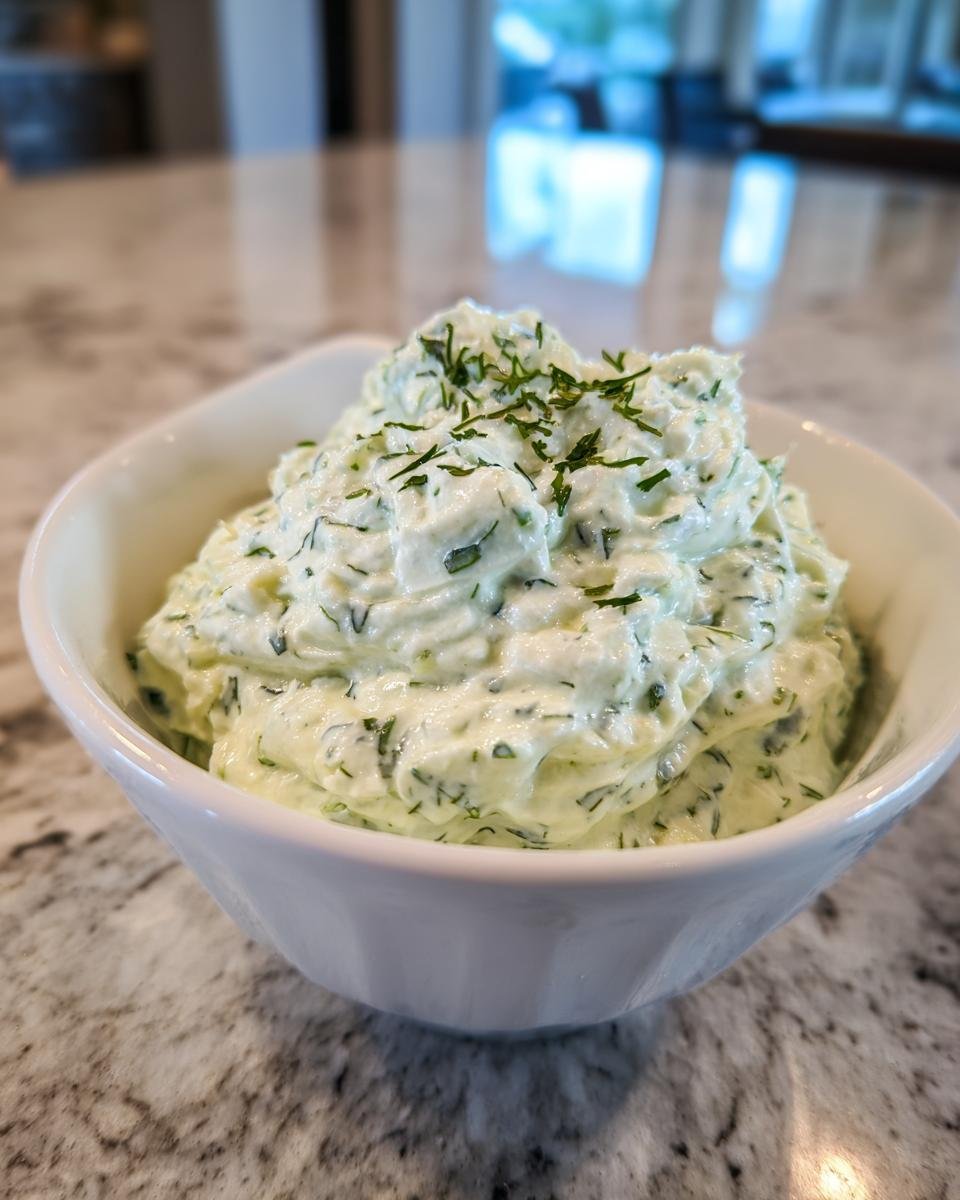 A close-up of a white bowl filled with thick, creamy Refreshing Cucumber Mint Raita Recipe, garnished with fresh dill or mint.