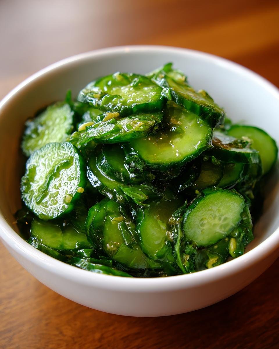 A white bowl filled with glistening, thinly sliced cucumbers marinated for a Refreshing Easy Asian Cucumber Salad Recipe.