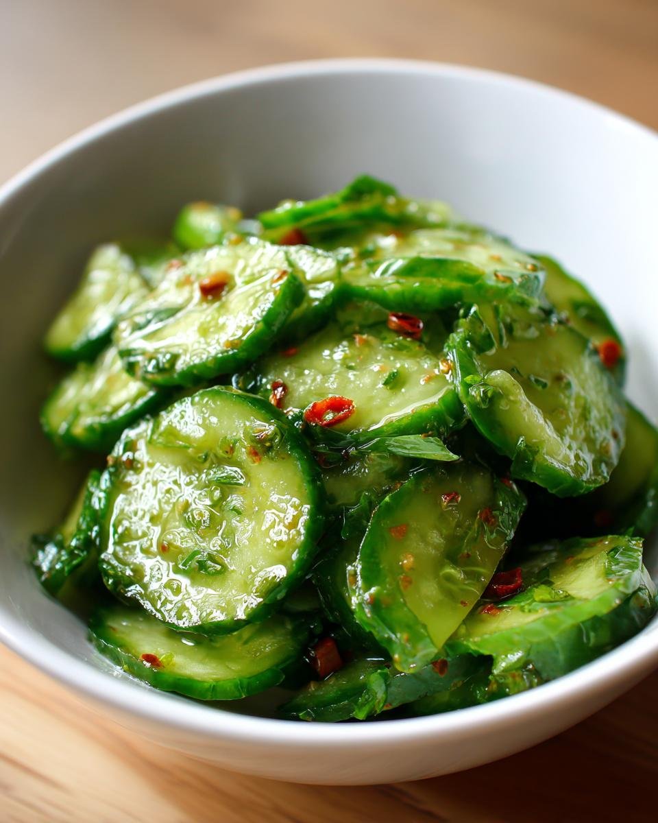 Close-up of sliced cucumbers coated in a savory dressing, part of the Refreshing Easy Asian Cucumber Salad Recipe.