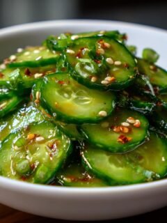 Close-up of glossy, thinly sliced cucumbers tossed in a savory dressing, topped with sesame seeds and chili flakes for a Refreshing Easy Asian Cucumber Salad.