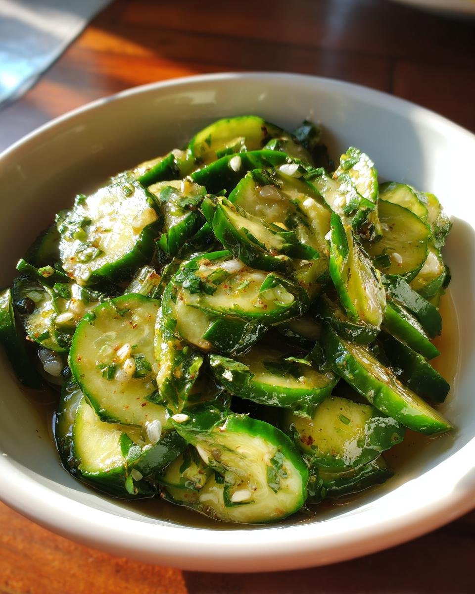 Close-up of sliced cucumbers tossed in a savory Asian dressing, part of the Refreshing Easy Asian Cucumber Salad Recipe.