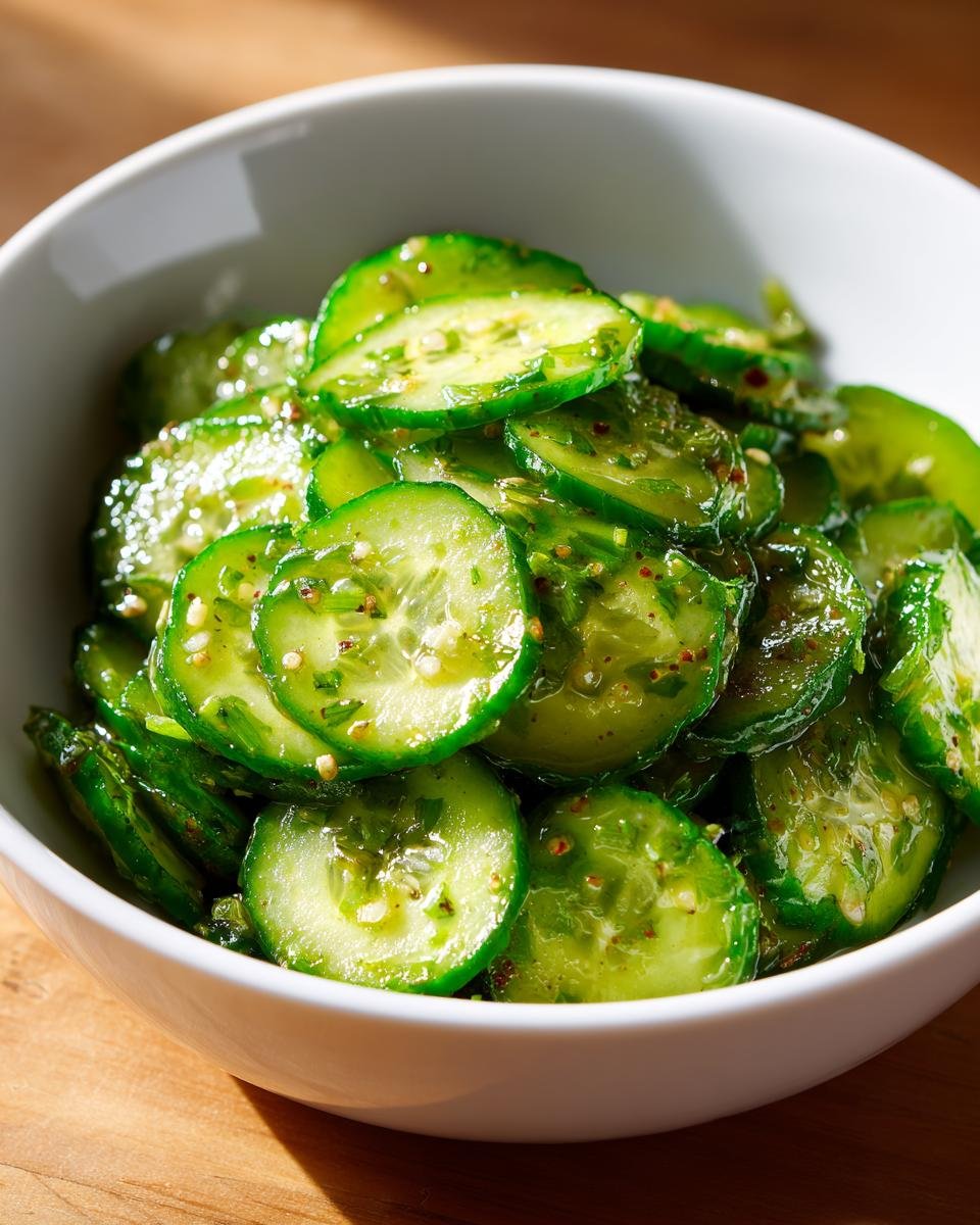 Close-up of thinly sliced cucumbers tossed in a bright green dressing, ready for a Refreshing Easy Asian Cucumber Salad Recipe.