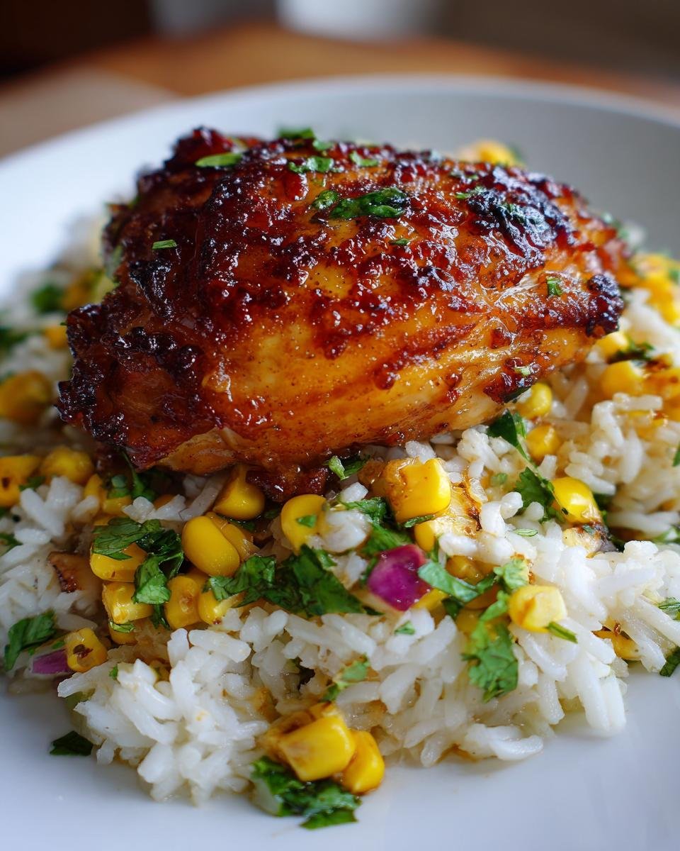 Close-up of a glazed chicken thigh served over fluffy white rice mixed with corn, cilantro, and red onion from the Savory One Pan Cilantro Lime Chicken Recipe.