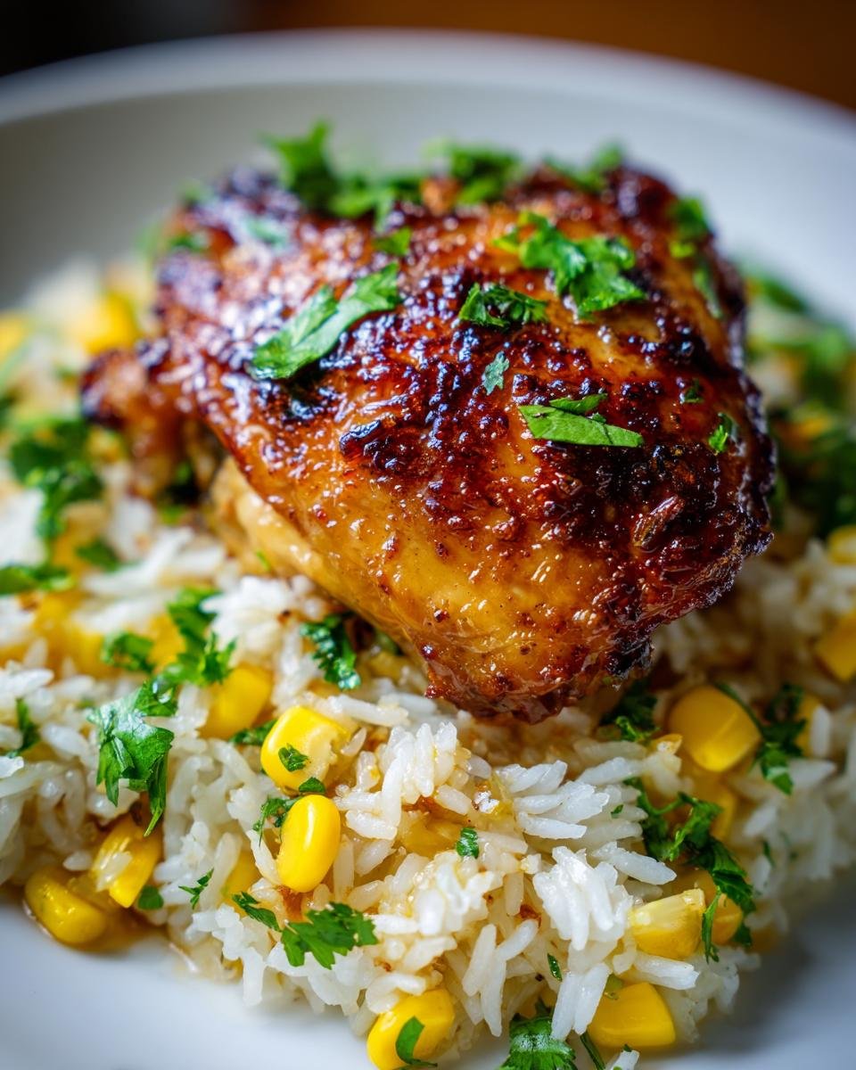 Close-up of a piece of glazed chicken thigh resting on cilantro lime rice with corn kernels.
