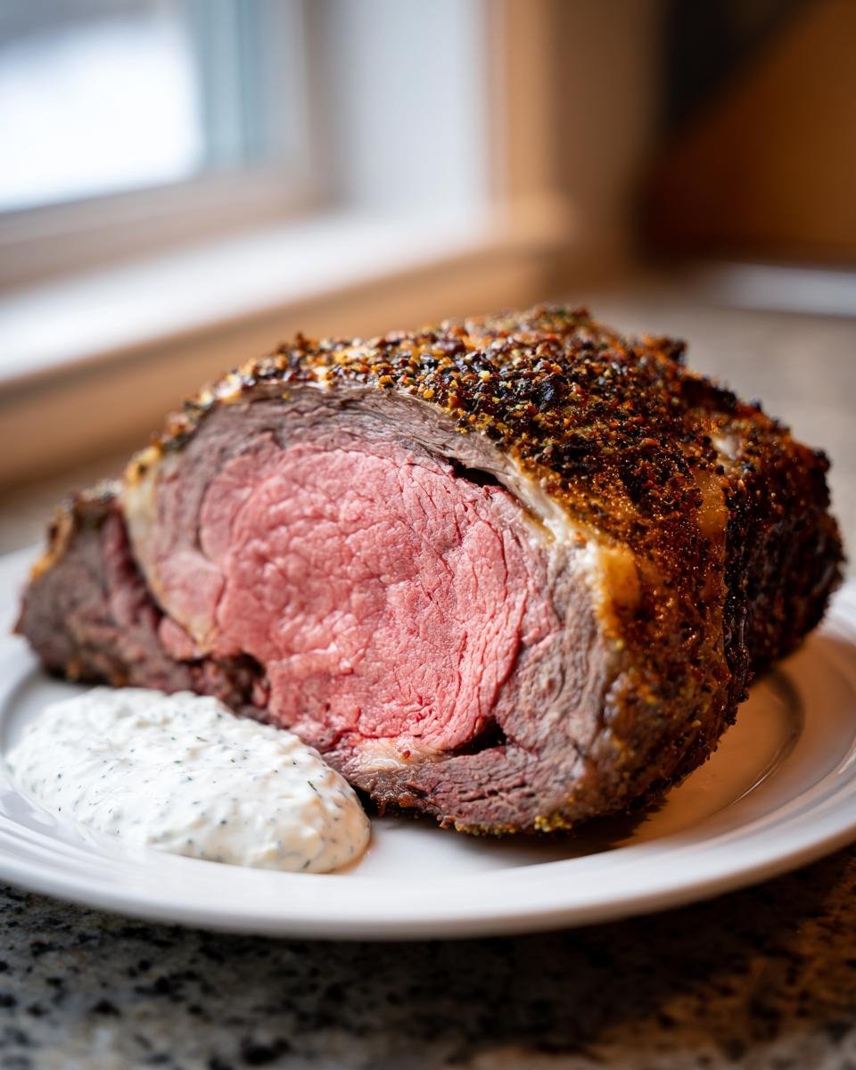 A thick slice of medium-rare Savory Prime Rib Roast Recipe with a dark, seasoned crust, served next to a dollop of creamy horseradish sauce.